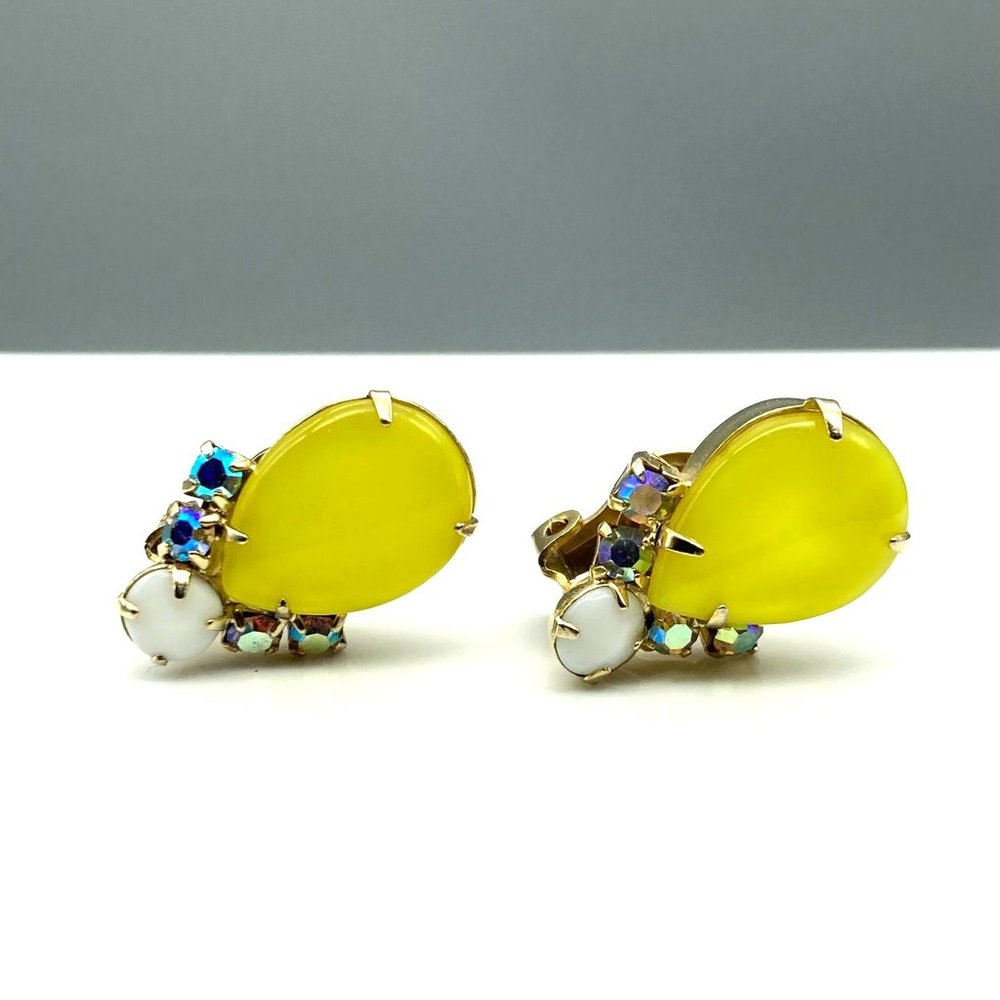 Bright Yellow Glam Earrings, Gold Tone VIntage Clip Ons with Milk Glass Anchor